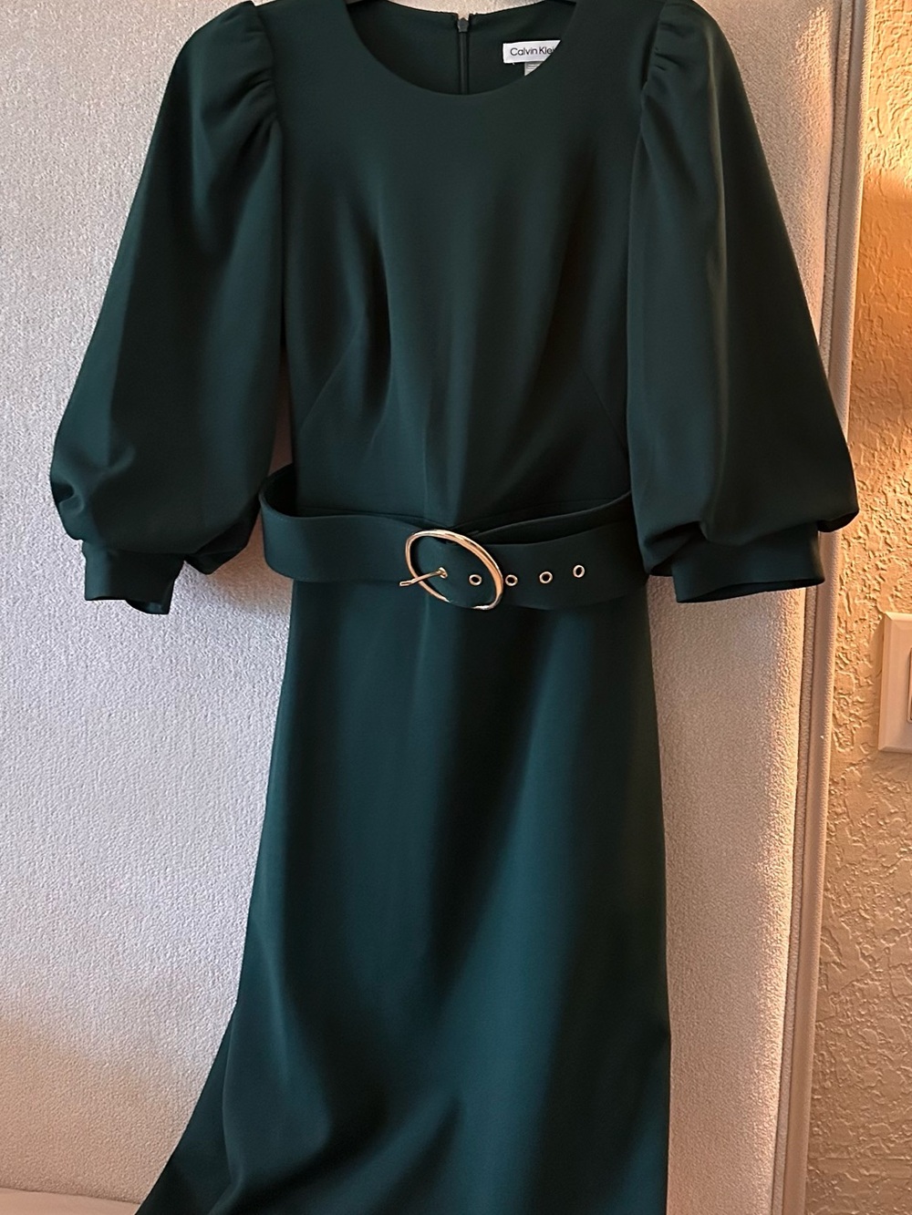 Calvin Klein Size 4 Forest Green Belted Puff Sleeve Midi Dress